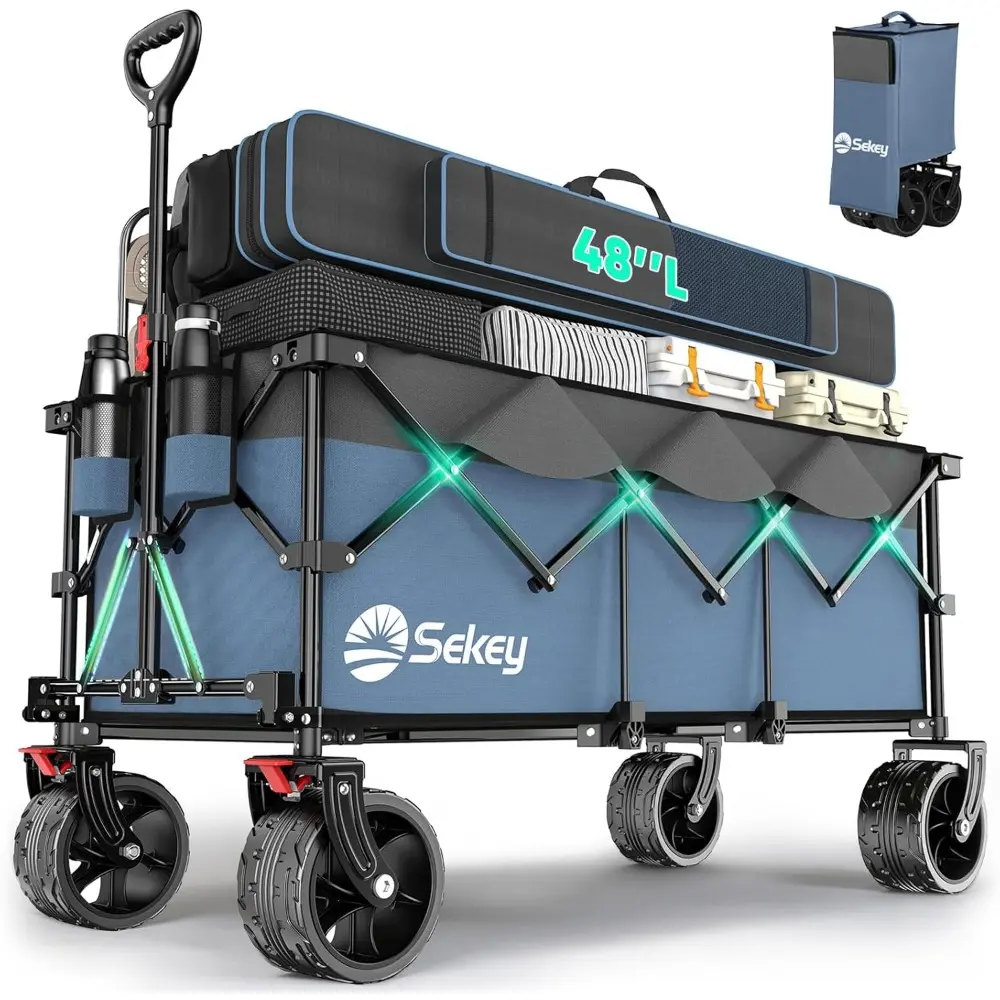 48''L Collapsible Foldable Extended Wagon with 440lbs Weight Capacity, Heavy Duty 300L Folding Utility Garden Cart with Big All