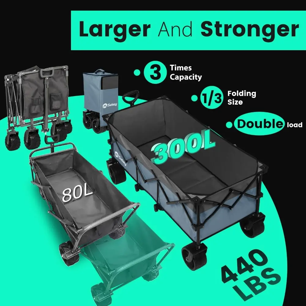 48''L Collapsible Foldable Extended Wagon with 440lbs Weight Capacity, Heavy Duty 300L Folding Utility Garden Cart with Big All