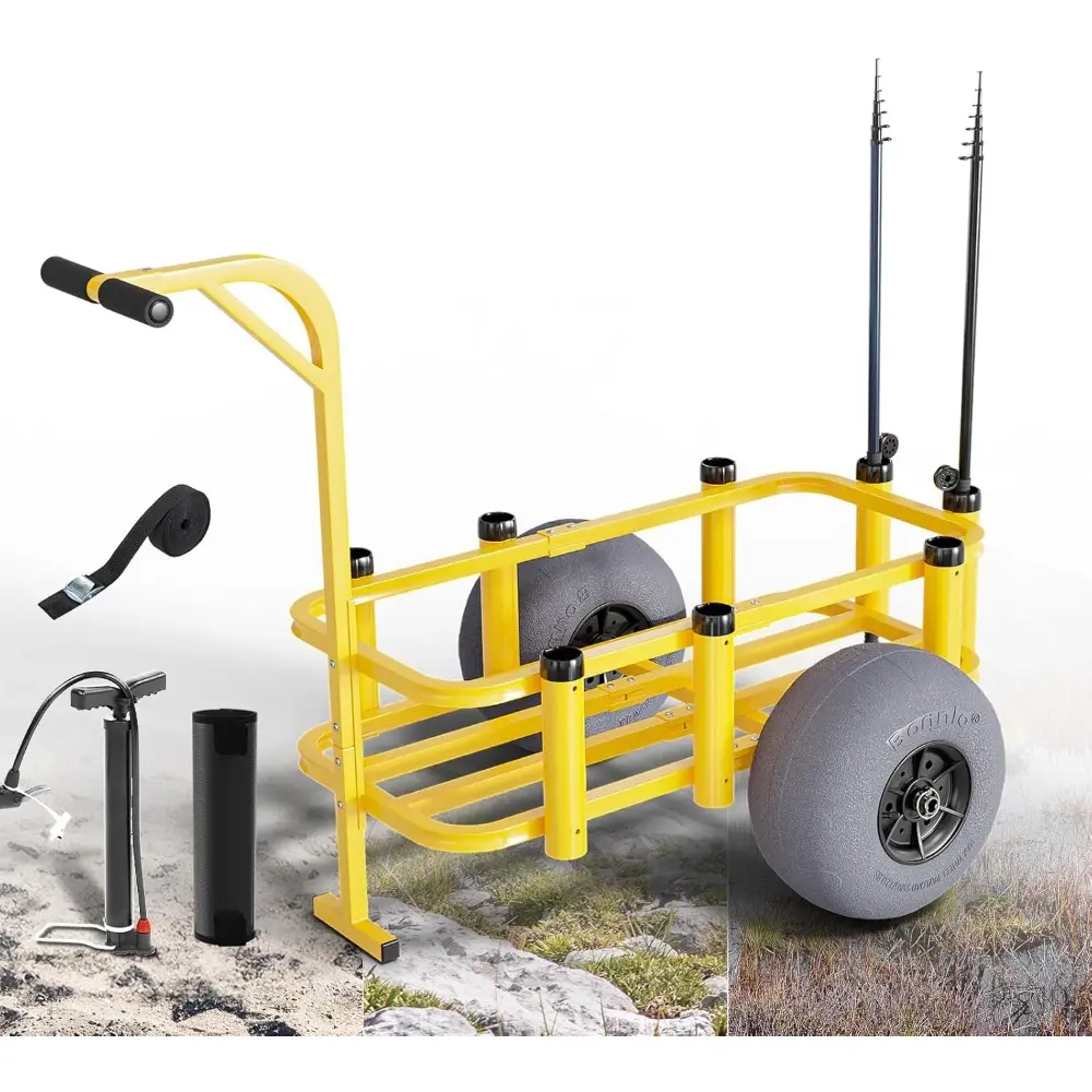 Fishing Cart, Beach Wagon with 13" Big Wheels for Sand, Beach Cart, 300 lbs Load Capacity, 8 Fishing Rods Holders, Mesh Bag, Ha