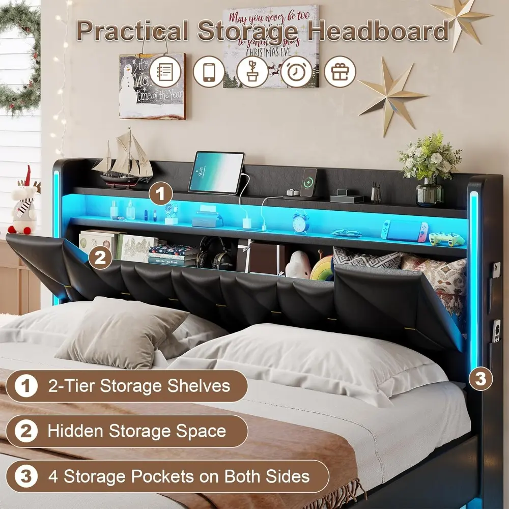 King Size Bed Frame with Storage Headboard, Floating Bed with LED Lights & Charging Station, Floating King Frame Including 4 Soc