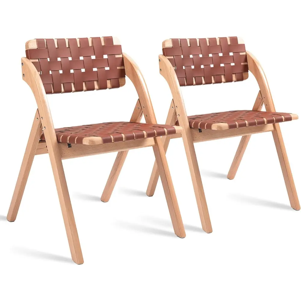 Folding Dining Chairs Set of 2, Wooden Foldable Chair with Leather-Woven Backrest and Widened Seat Extra for Guests Kitchen Off