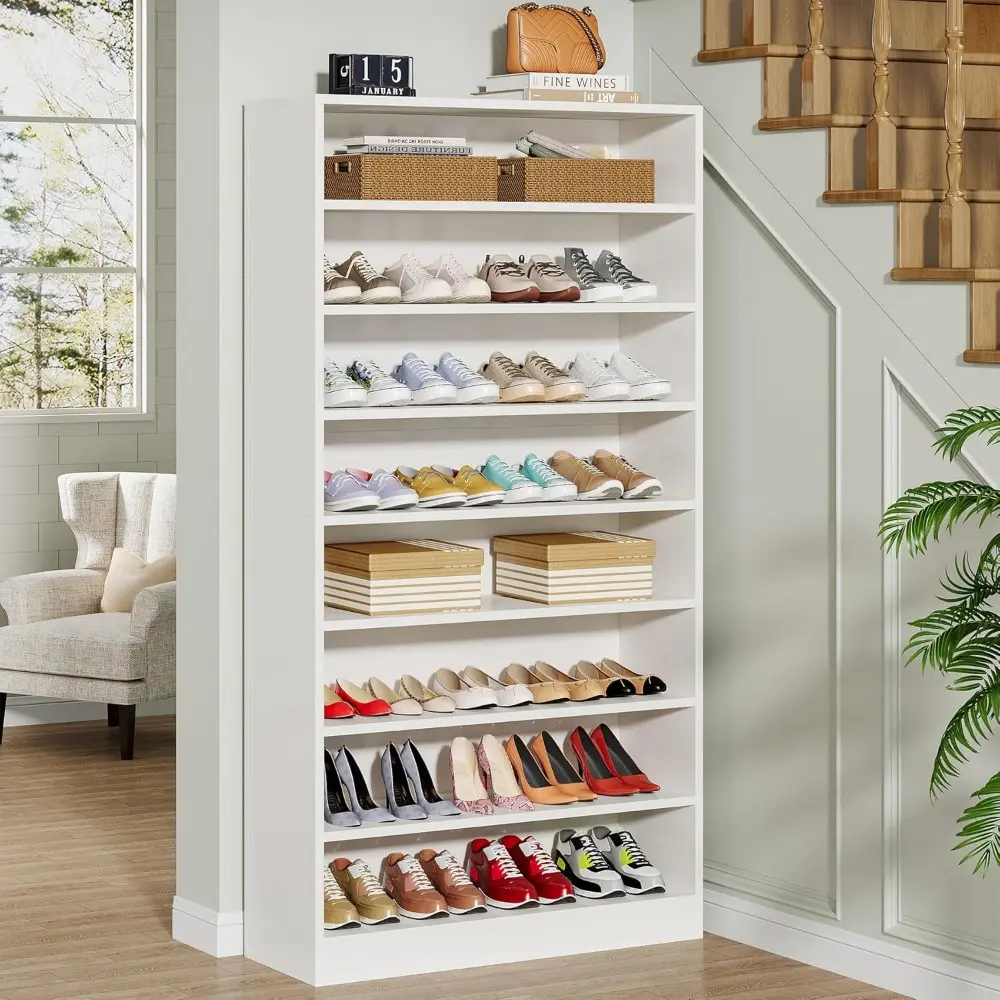 Tall Shoe Cabinet, Wood Freestanding 9-Tier 40-45 Pairs Shoe Storage Organizer with Open Shelves for Entryway (White)