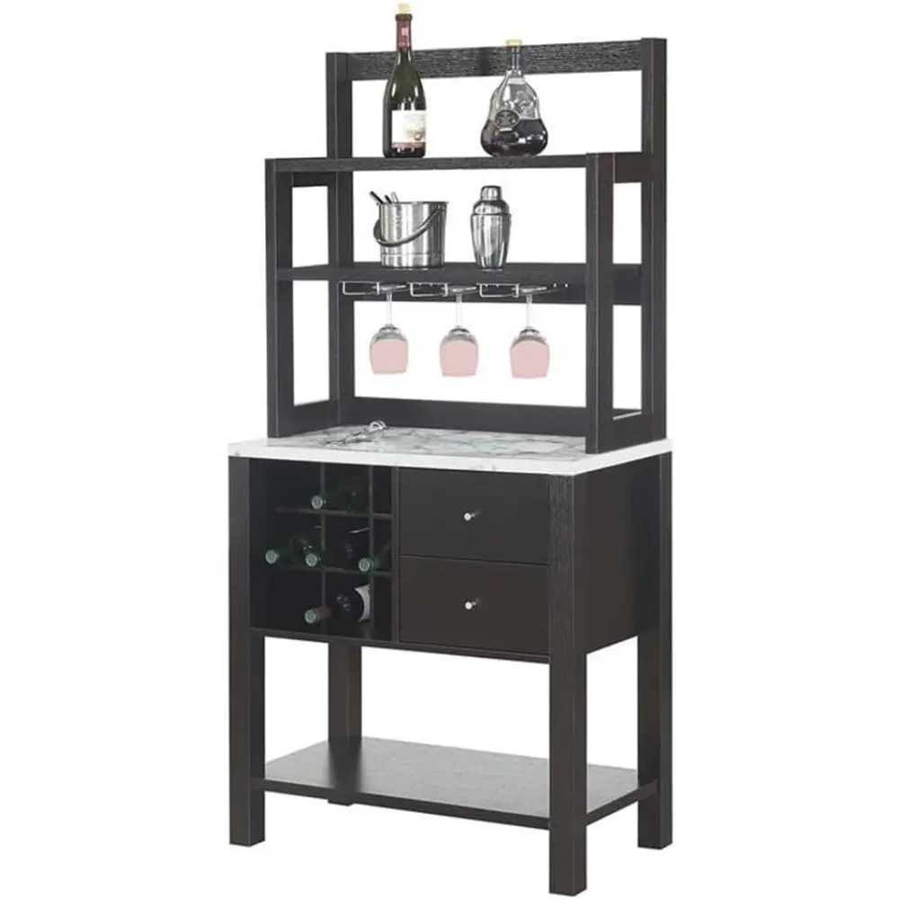 Newport Serving Cart Modern Storage Bar Cabinet with Drawers, Wine Rack for Kitchen, Dining Room, 31", Black Faux Marble/Espres