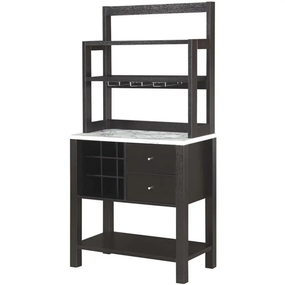 Newport Serving Cart Modern Storage Bar Cabinet with Drawers, Wine Rack for Kitchen, Dining Room, 31", Black Faux Marble/Espres