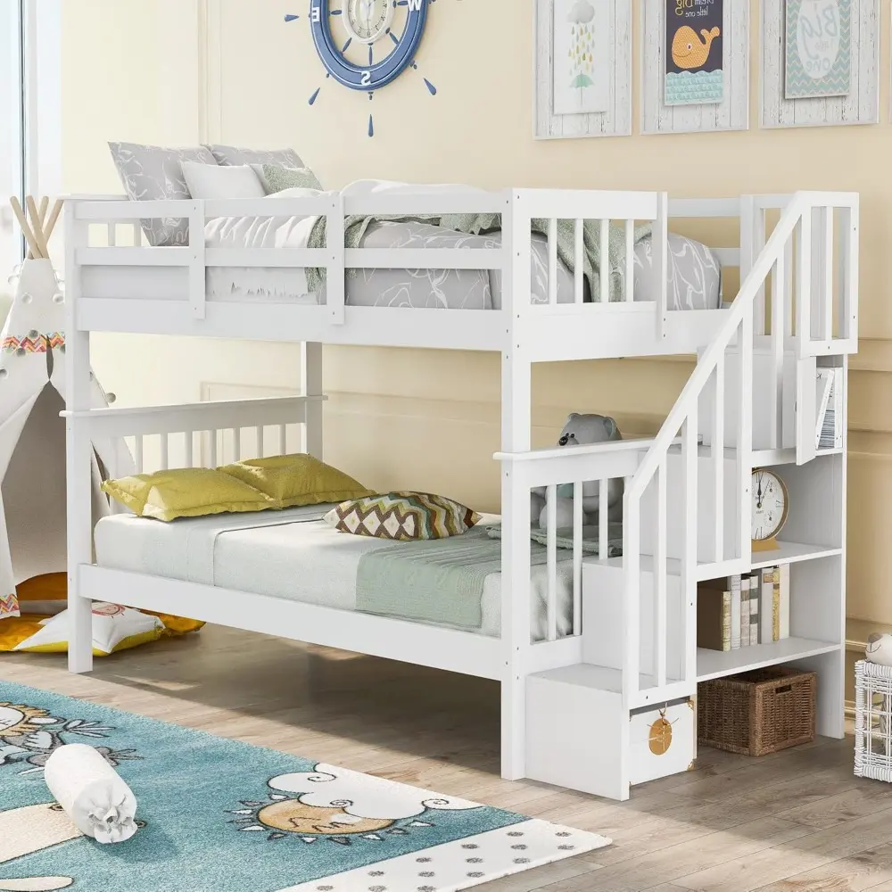 Harper & Bright Designs Wood Bunk Beds with Stairs, Twin Over Twin Bunk Bed with Storage Shelf & Full Length Guardrail, No Box S