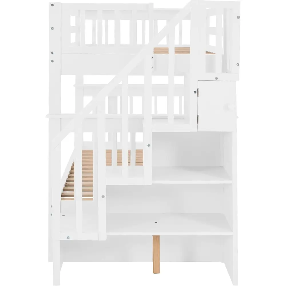 Harper & Bright Designs Wood Bunk Beds with Stairs, Twin Over Twin Bunk Bed with Storage Shelf & Full Length Guardrail, No Box S