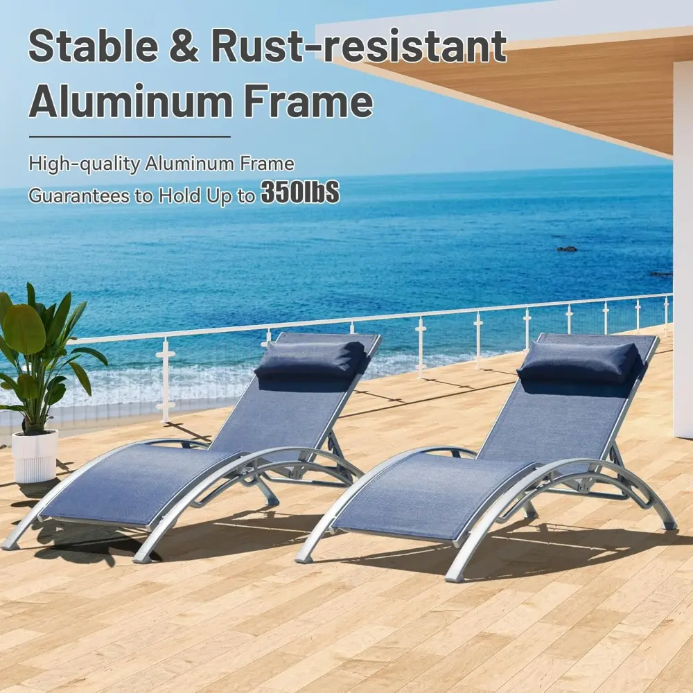 Outdoor Chaise Lounge Set of 2, Aluminum Patio Outdoor Lounge Chair for Beach Pool Sunbathing, Lawn Lounger Recliner Chair with