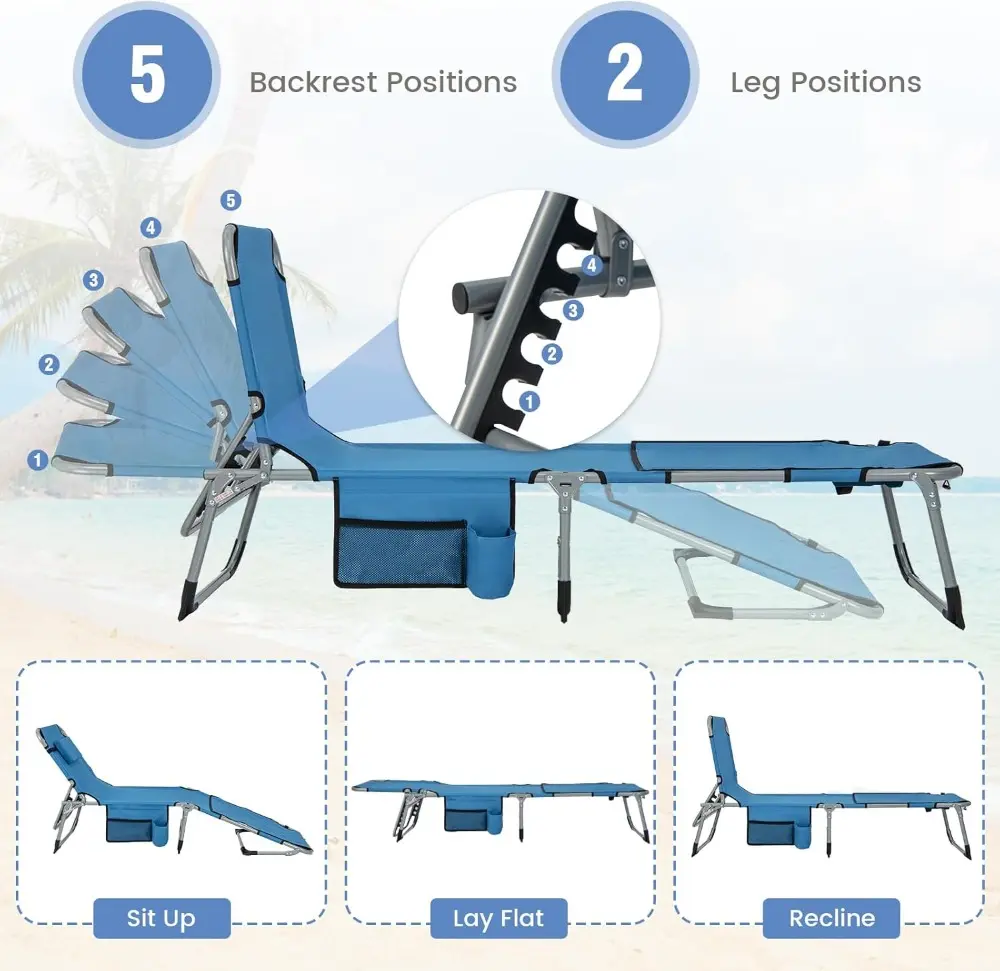 Tanning Chair, 330LBS Beach Lounge Chair with Face Arm Hole & Hand Shoulder Strap, Folding Layout Sunbathing Chair, (2, Blue)