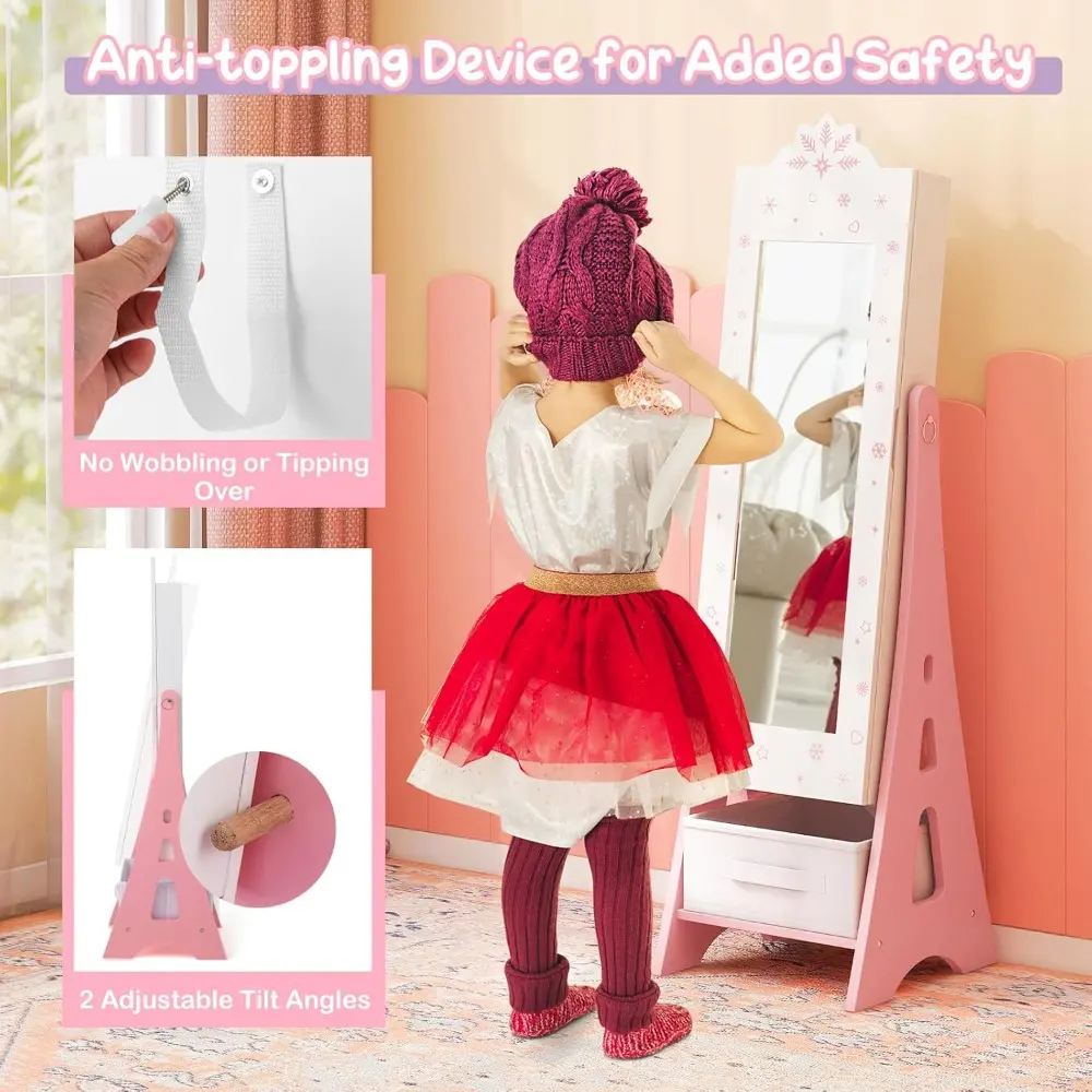 Kids Vanity & Jewelry Armoire Cabinet, Kids Vanity Table and Chair Set, Standing Jewelry Organizer with Full-Length Mirror, Kid