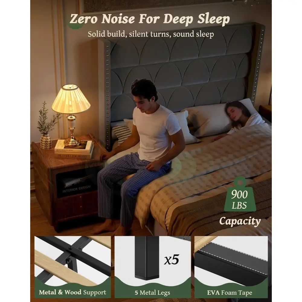 Queen Size Bed Frame with 56" Headboard - 1000LBS Capacity Support, Velvet Upholstered Wingback Platform Bed Frame, Noise Free,