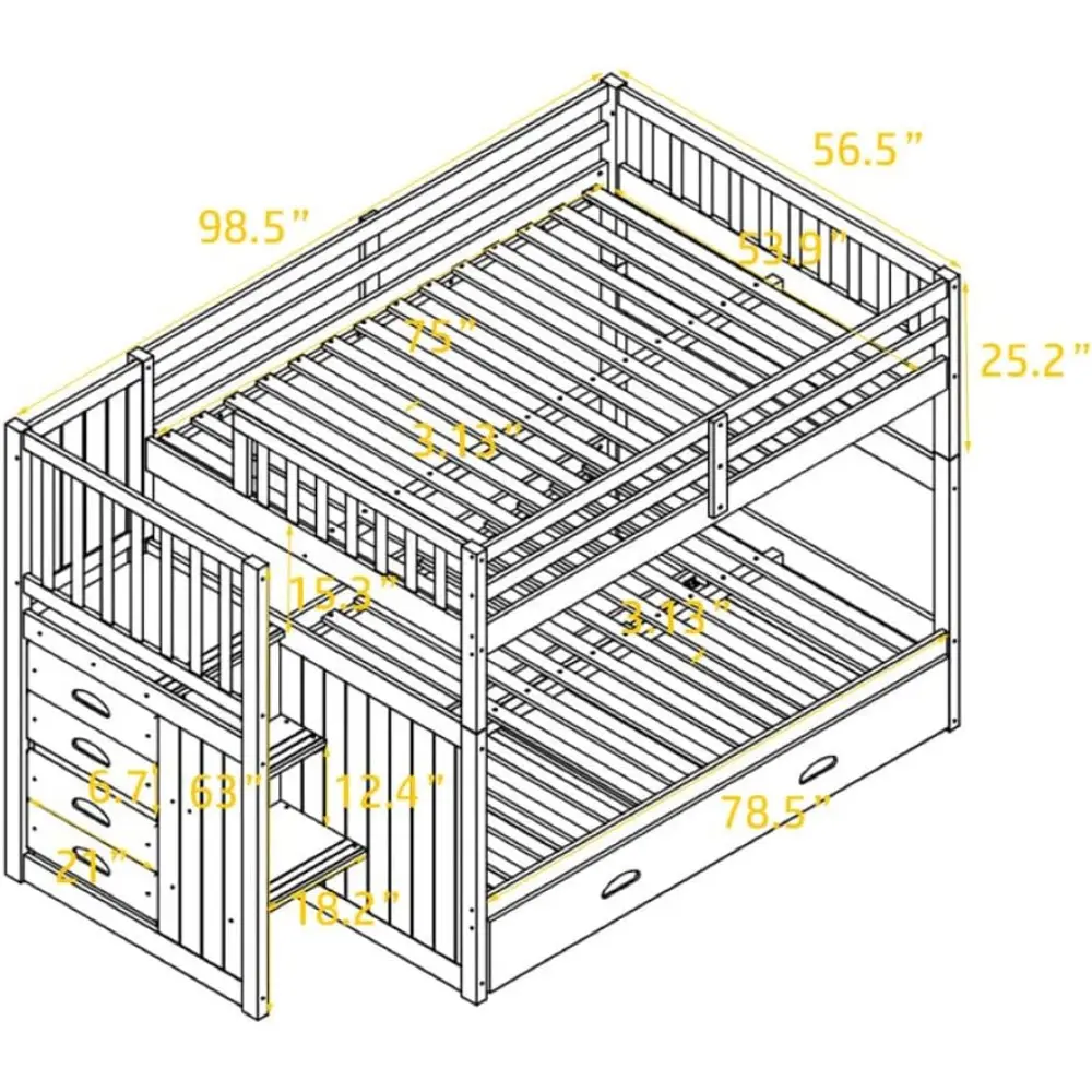 Harper & Bright Designs Full Over Full Stairway Bunk Bed with Twin Size Trundle and Drawers, No Spring Box Needed (Grey)