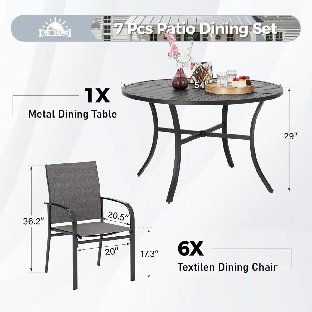 7 Piece Outdoor Dining Set for 6, 54" Round Metal Table with Umbrella Hole, 6 Brown Dining Chairs, Patio Table and Chairs Set fo