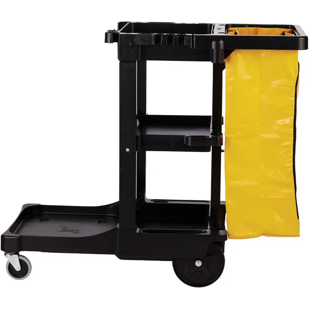 Rubbermaid Commercial Traditional Janitorial 3-Shelf Cleaning Cart, Wheeled with Zippered Yellow Vinyl Bag, for Business/School/