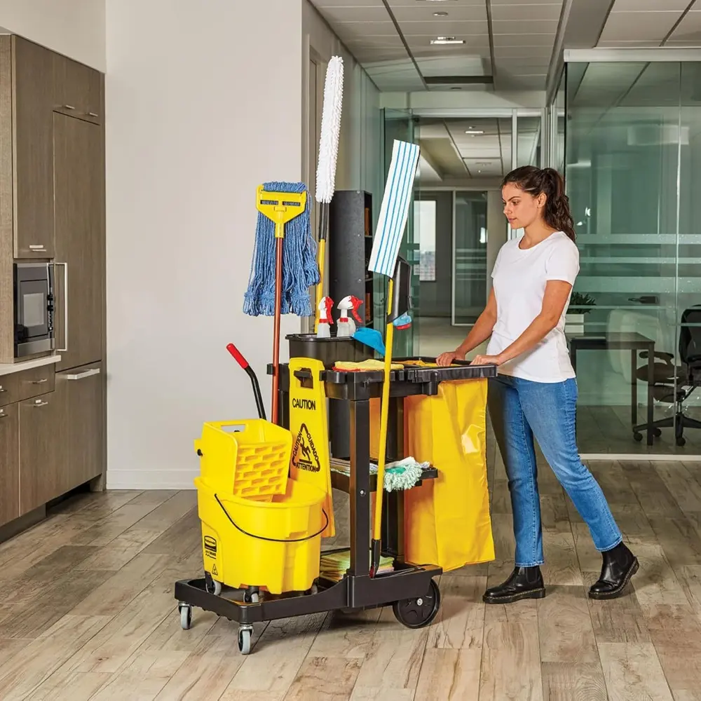 Rubbermaid Commercial Traditional Janitorial 3-Shelf Cleaning Cart, Wheeled with Zippered Yellow Vinyl Bag, for Business/School/