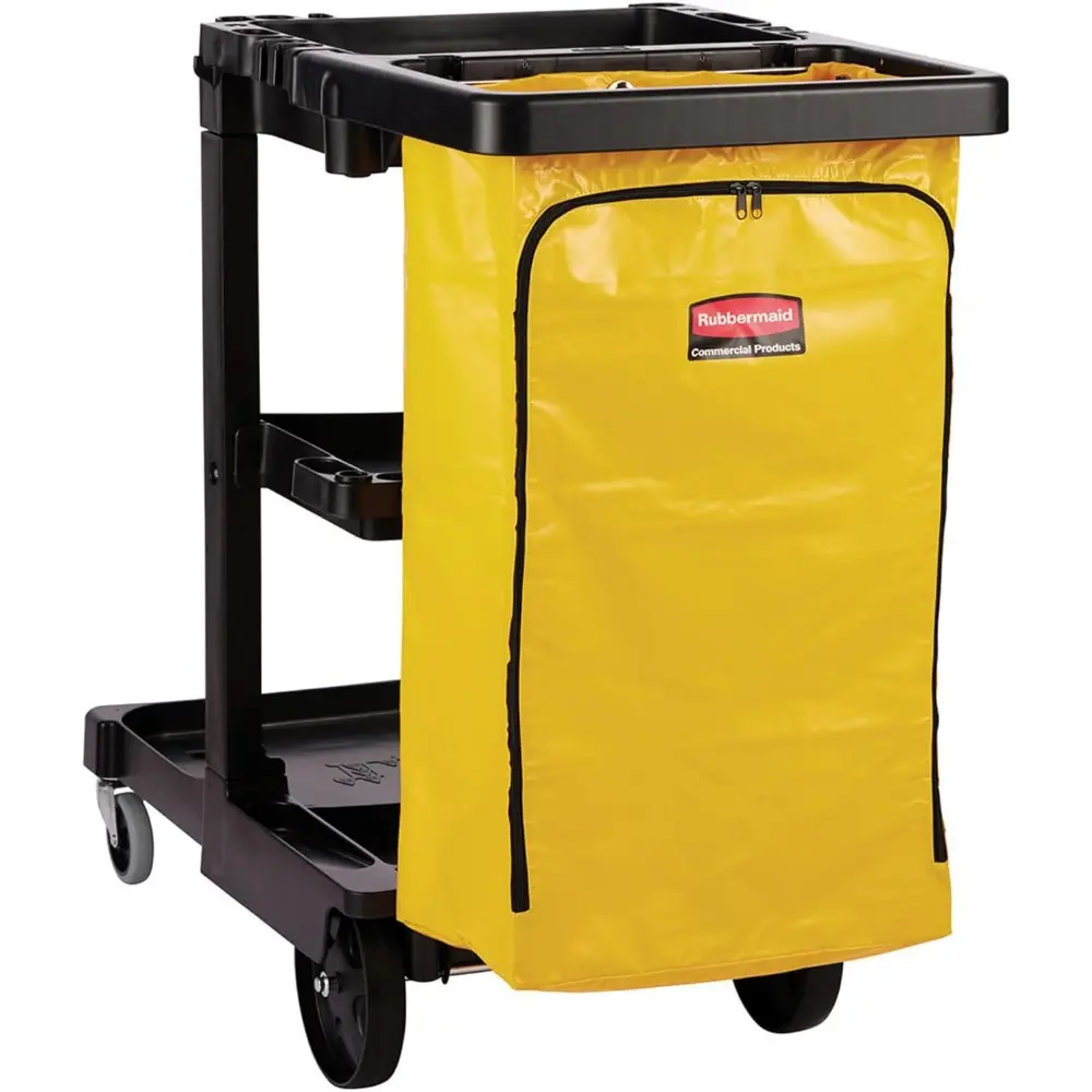 Rubbermaid Commercial Traditional Janitorial 3-Shelf Cleaning Cart, Wheeled with Zippered Yellow Vinyl Bag, for Business/School/