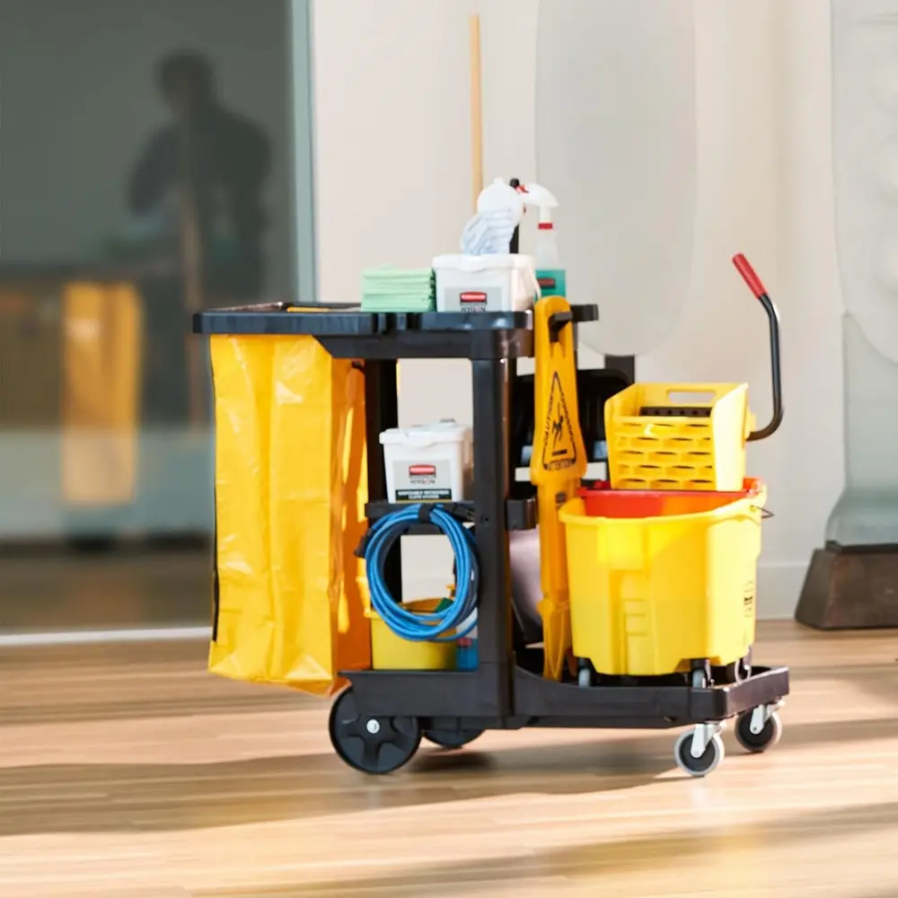 Rubbermaid Commercial Traditional Janitorial 3-Shelf Cleaning Cart, Wheeled with Zippered Yellow Vinyl Bag, for Business/School/