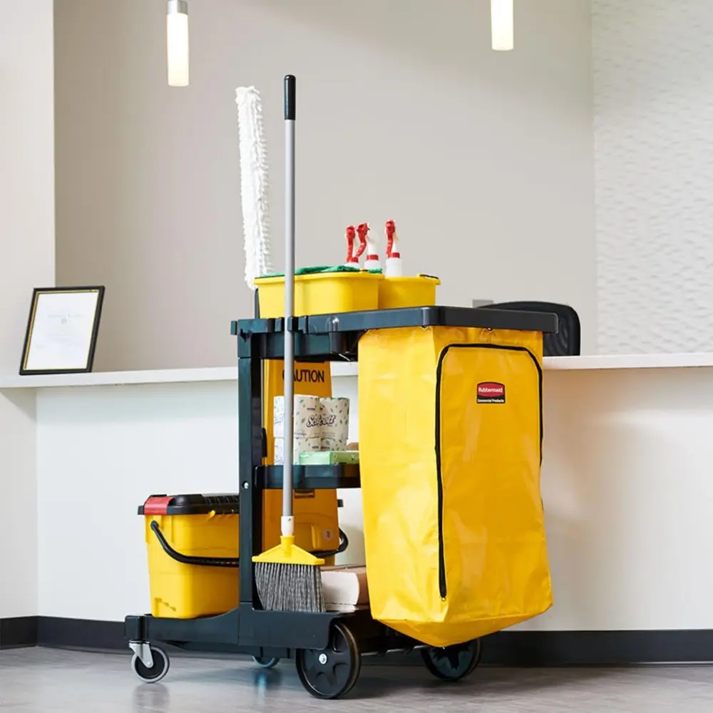 Rubbermaid Commercial Traditional Janitorial 3-Shelf Cleaning Cart, Wheeled with Zippered Yellow Vinyl Bag, for Business/School/