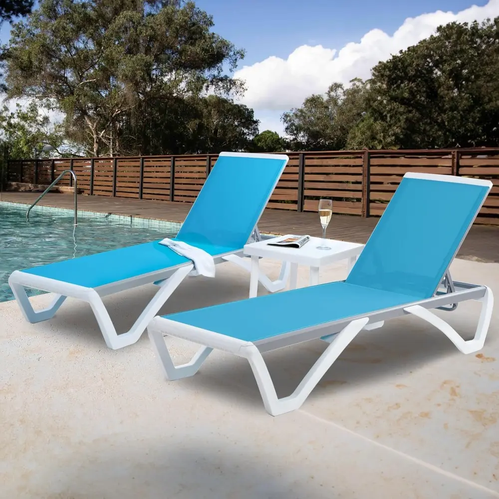 Patio Chaise Lounge Chair - Full Flat Alumium & Resin Legs, Outdoor Reclining Adjustable ,(Two Aqua Chaises W/Table)