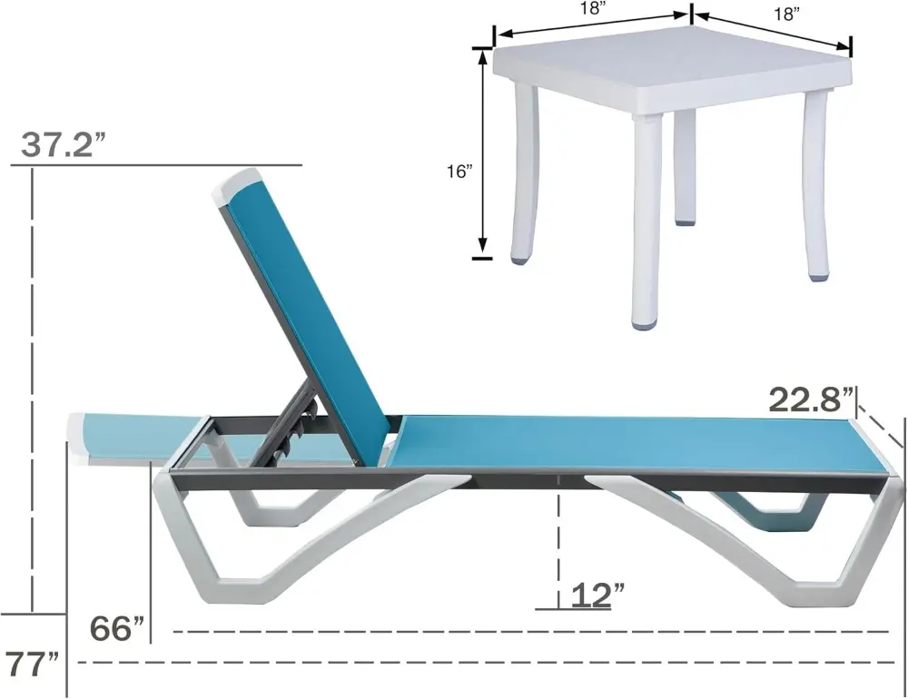 Patio Chaise Lounge Chair - Full Flat Alumium & Resin Legs, Outdoor Reclining Adjustable ,(Two Aqua Chaises W/Table)