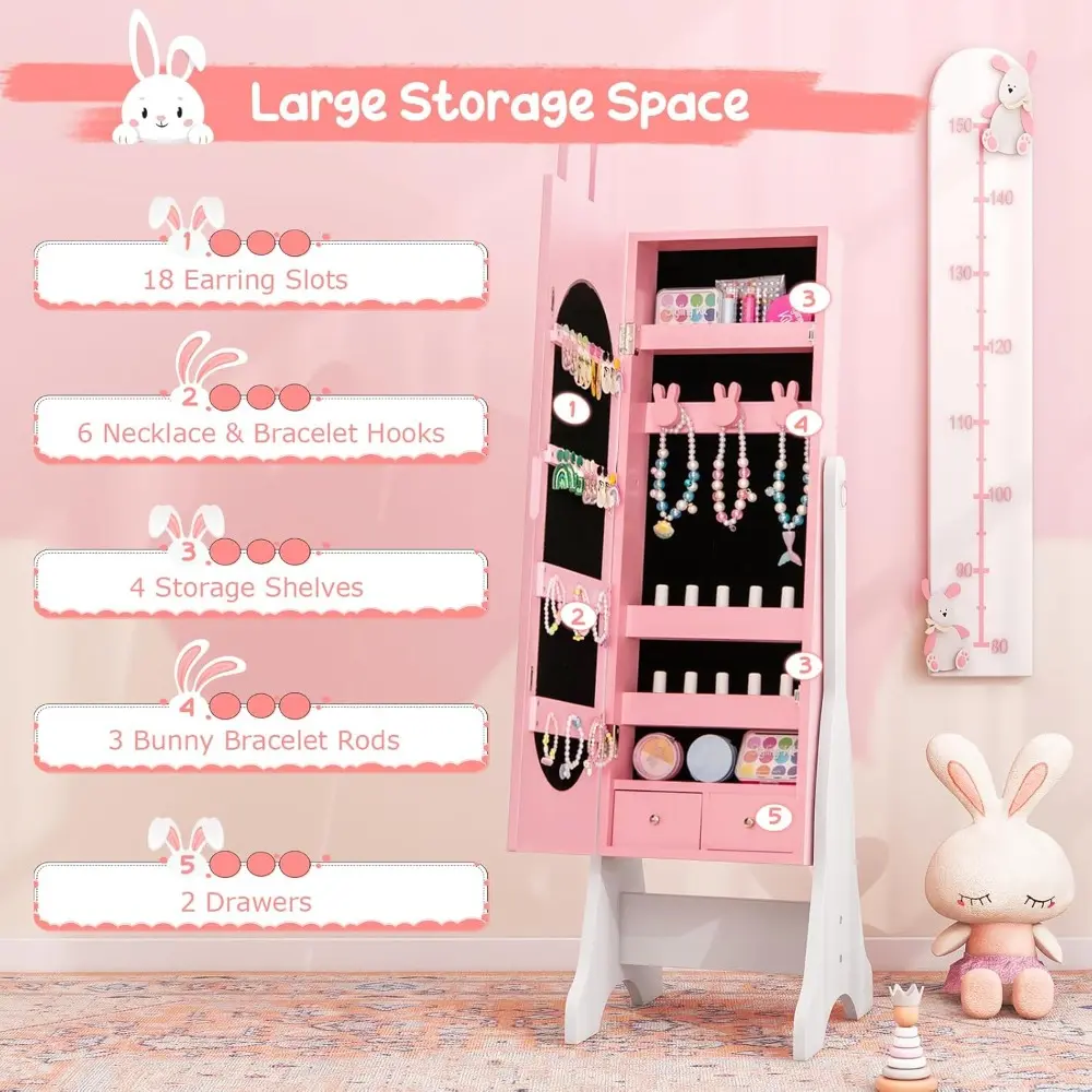 Kids Vanity Set & Jewelry Armoire Cabinet, Wooden Kids Vanity Table and Chair Set, Standing Jewelry Organizer with Full-Length
