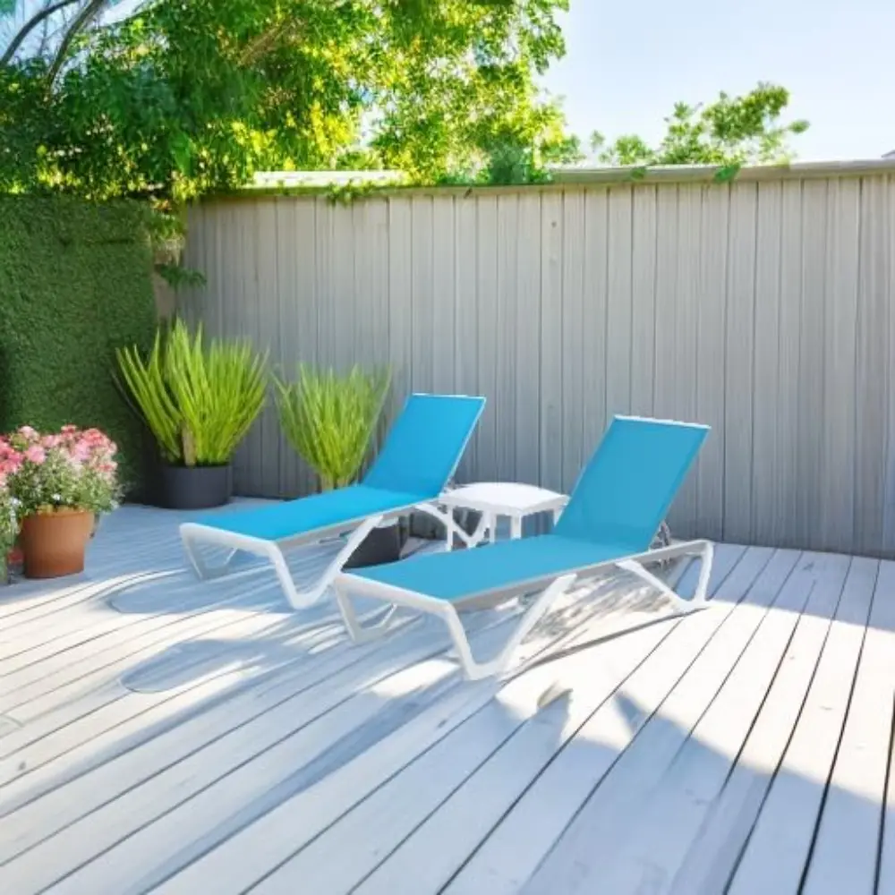 Patio Chaise Lounge Chair - Full Flat Alumium & Resin Legs, Outdoor Reclining Adjustable ,(Two Aqua Chaises W/Table)
