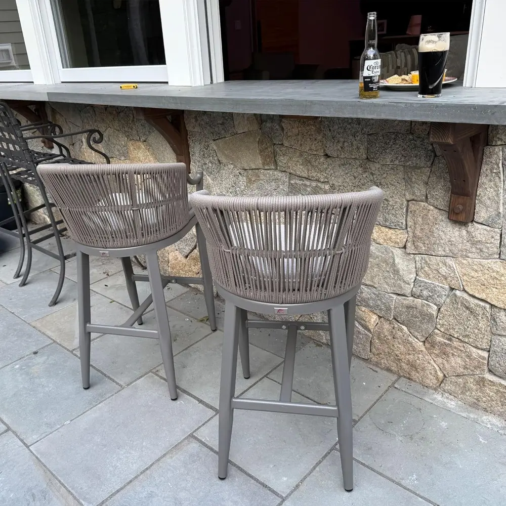 Outdoor Bar Stools Set of 2 Patio Wicker Modern High Bar Chairs Metal Cushioned Barstools with Backs and Ergonomic Armrest for