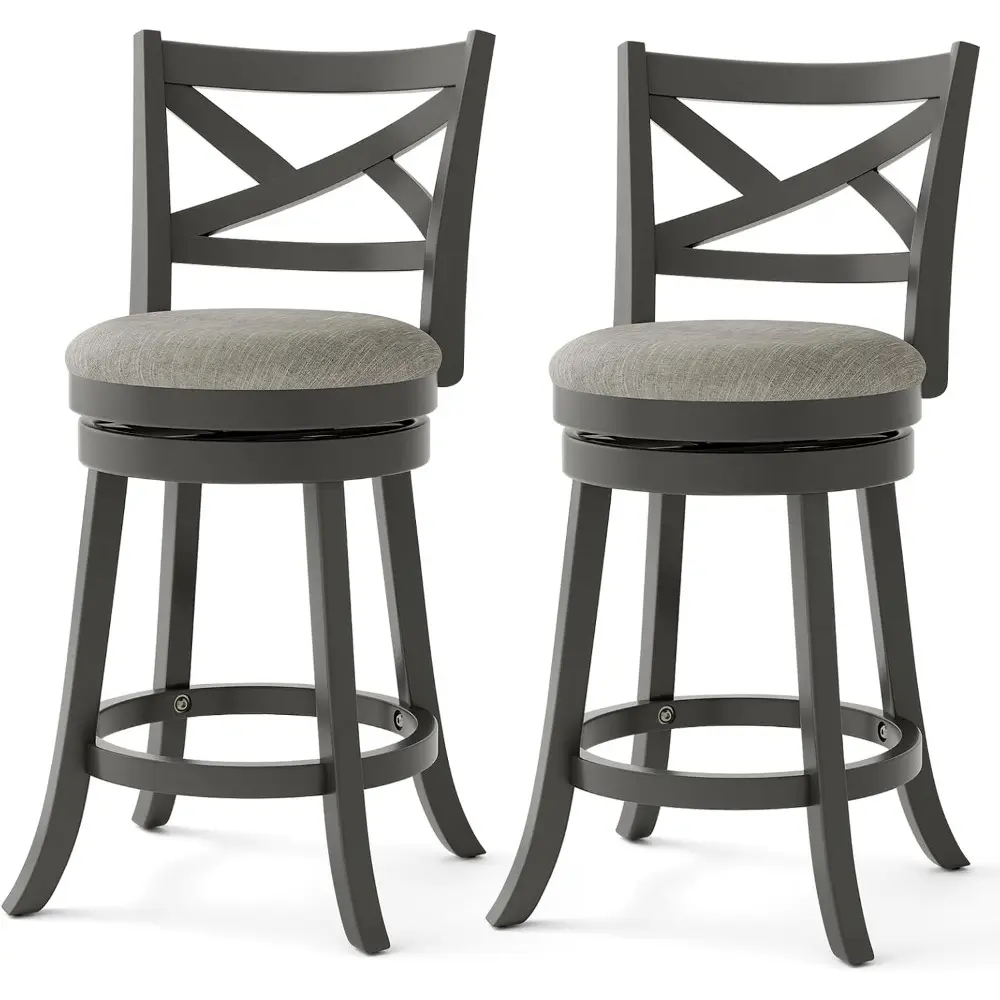 Bar Stools Set of 2, Counter Height Swivel Chairs with Hollow Back & Soft-Padded Seat, Linen Upholstered Pub Stools with Sturdy