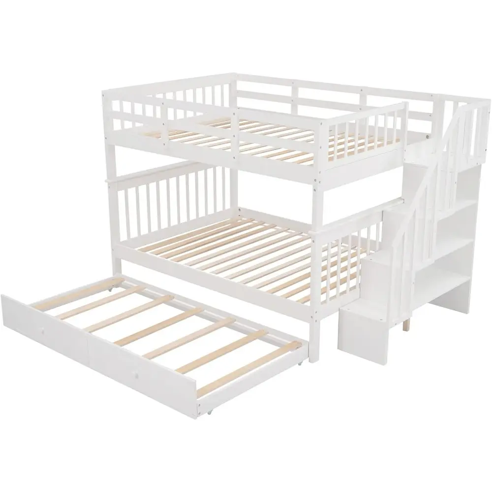 Full Over Bunk Beds with Stairs and Trundle Wood Bed Frame Staircase Storage Shelves for Kids Teens Adult, Detachable Stairway B
