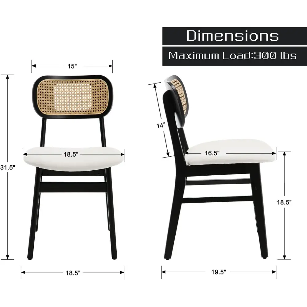 Rattan Dining Chairs Set of 4 Farmhouse Black Wood Dining Room Chairs with Cane Back Mid Century Modern Linen Kitchen Chairs Uph