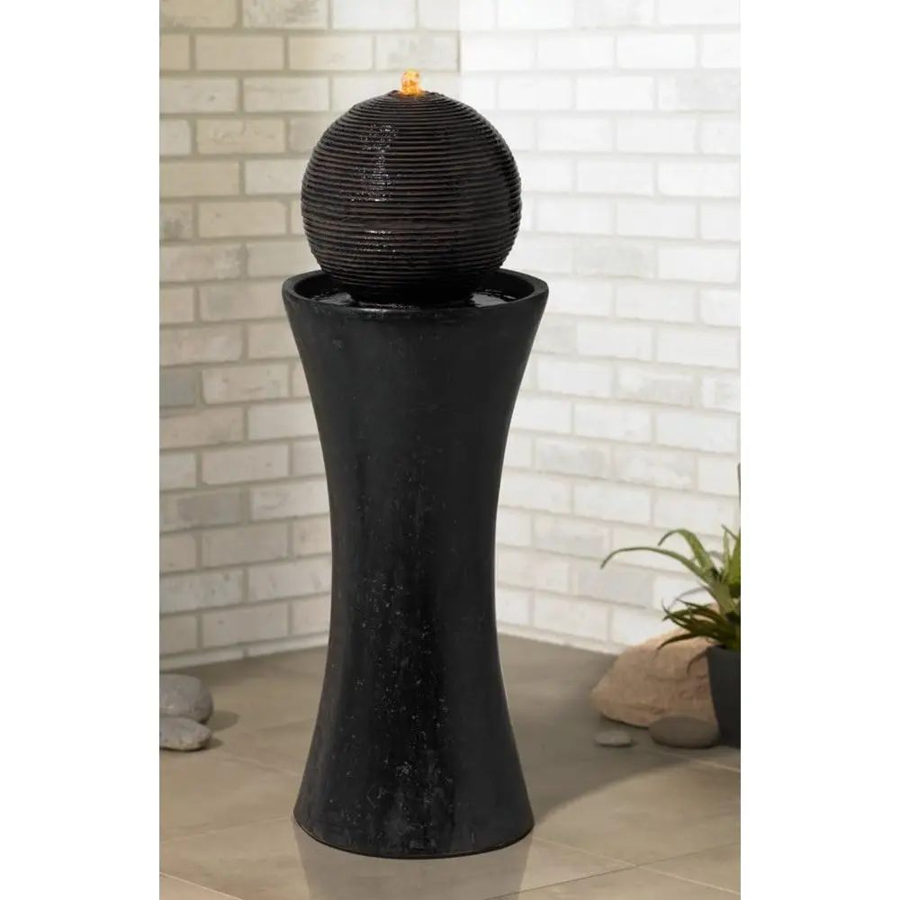Dark Sphere Modern Zen Outdoor Floor Water Fountain 30" High with LED Light Bubbler Pillar for Garden Patio Backyard Deck Home L