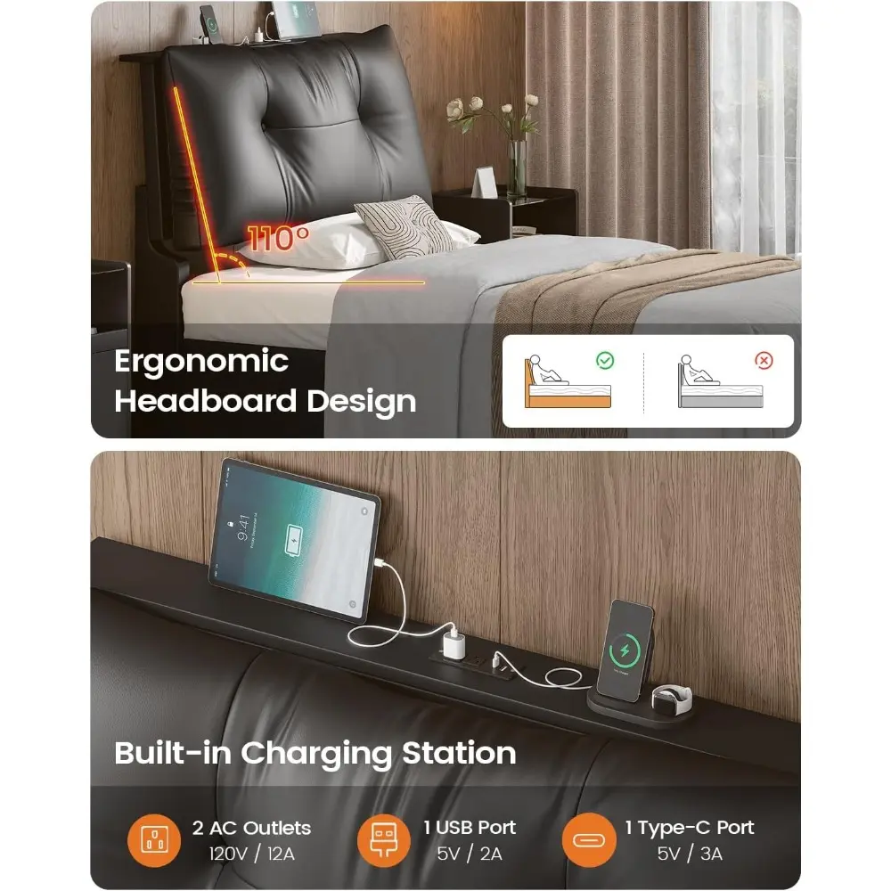 AOGLLATI Twin Bed Frame with Removable Upholstered Thick Backrest Headboard, Led Twin Bed with 4 Storage Drawers and Charging St