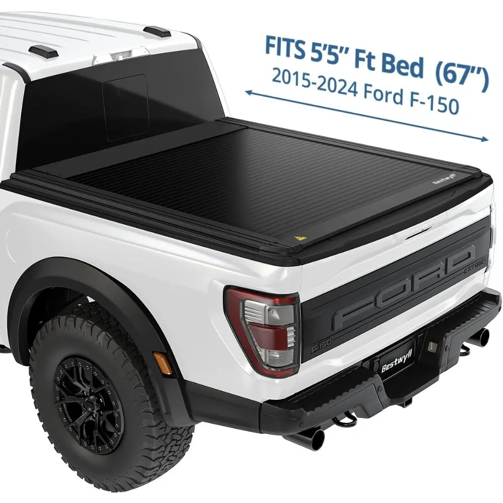 Retractable Hard Truck Bed Tonneau Cover Fits 2015-2025 Ford F-150 5.5 Bed (66") (incl. Raptor/Lightning) Black Matte Aluminum W