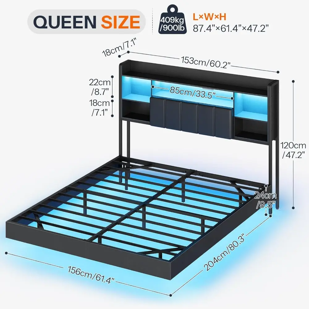 HOOBRO Queen Size Floating Bed Frame with Storage Headboard and LED Lights, Floating Bed Frame with Charging Station and Upholst