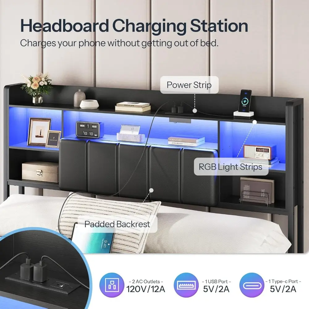 HOOBRO Queen Size Floating Bed Frame with Storage Headboard and LED Lights, Floating Bed Frame with Charging Station and Upholst