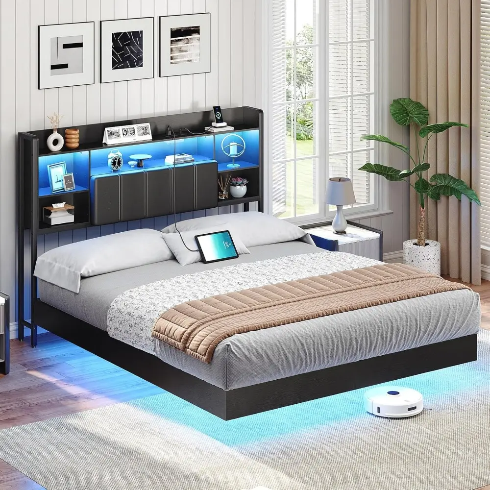 HOOBRO Queen Size Floating Bed Frame with Storage Headboard and LED Lights, Floating Bed Frame with Charging Station and Upholst