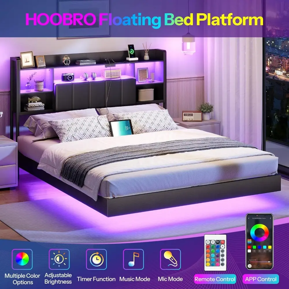 HOOBRO Queen Size Floating Bed Frame with Storage Headboard and LED Lights, Floating Bed Frame with Charging Station and Upholst