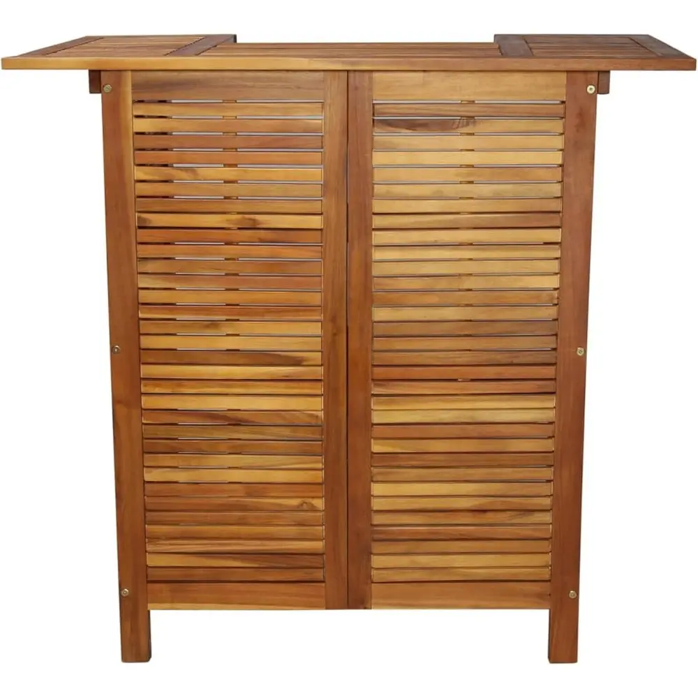 Benjara Outdoor Bar Counter Table w Shelves, 43 Inch Brown Solid Acacia Wood