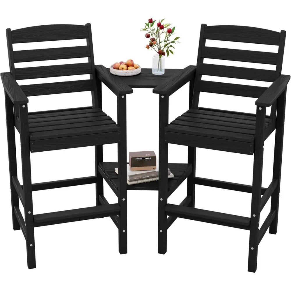 Tall Adirondack Chairs Set of 2 with Connecting Table, All Weather Outdoor Barstools, Black
