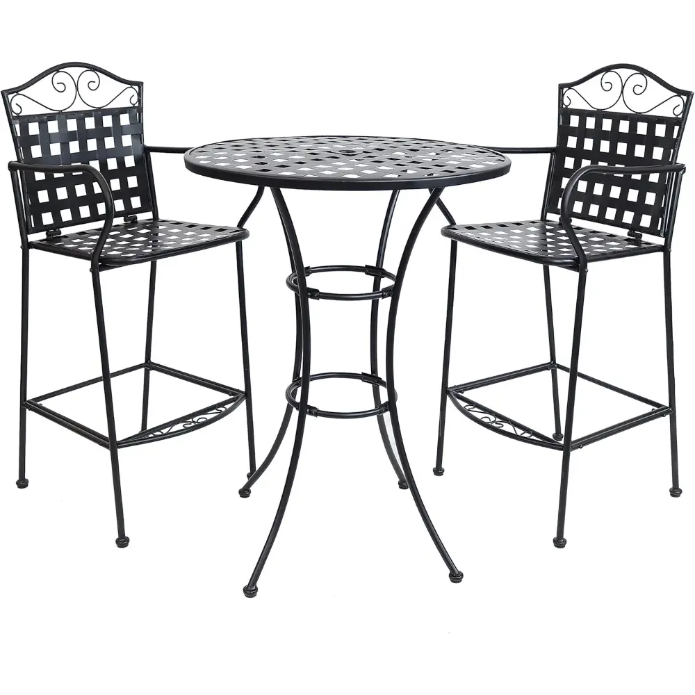 3-Piece Outdoor Wrought Iron Bar Chair and Table Set with Scrolling Design - 1 Table and 2 Chairs - Black