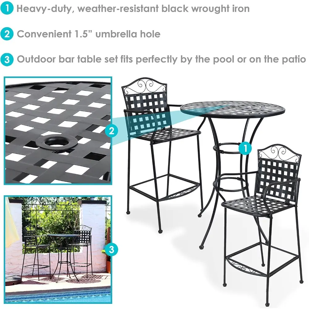 3-Piece Outdoor Wrought Iron Bar Chair and Table Set with Scrolling Design - 1 Table and 2 Chairs - Black