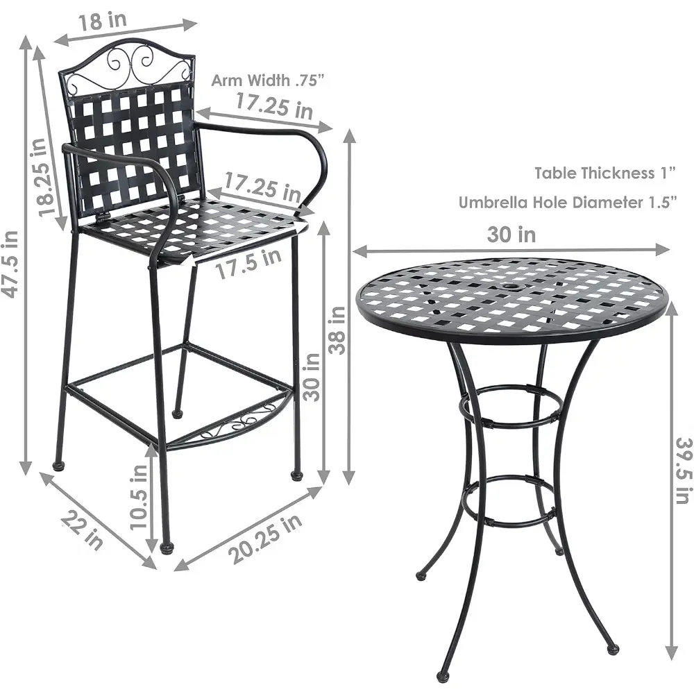 3-Piece Outdoor Wrought Iron Bar Chair and Table Set with Scrolling Design - 1 Table and 2 Chairs - Black