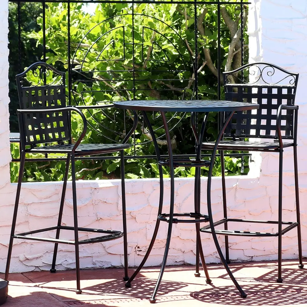 3-Piece Outdoor Wrought Iron Bar Chair and Table Set with Scrolling Design - 1 Table and 2 Chairs - Black