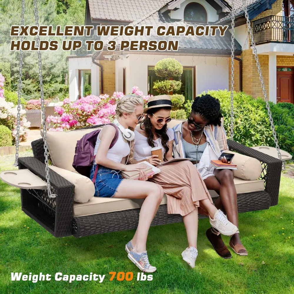 3 Person Porch Swing Patio Wicker Hanging Porch Swing Chair Outdoor Rattan Swing Bench with Cushion and Pillow for Garden, Yard