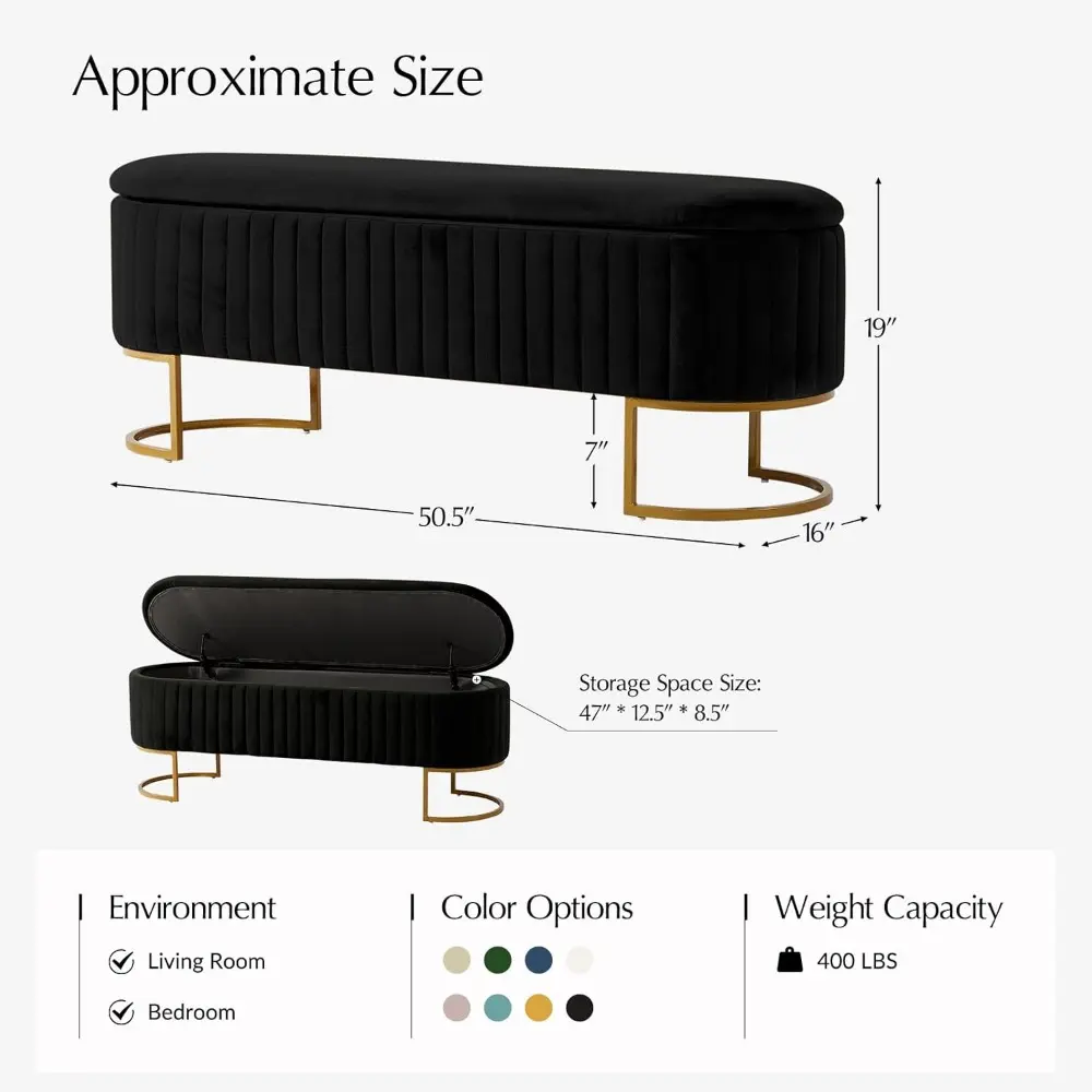 50.5" Storage Bench Velvet Bedroom Ottoman,Upholstered End of Bed Bench with Gold Legs,Flipping Lid Entryway Footrest