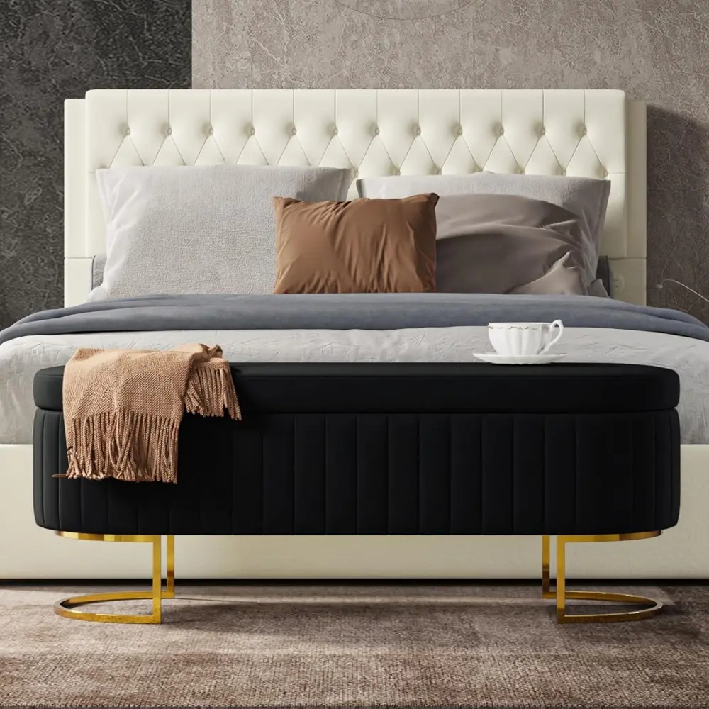 50.5" Storage Bench Velvet Bedroom Ottoman,Upholstered End of Bed Bench with Gold Legs,Flipping Lid Entryway Footrest
