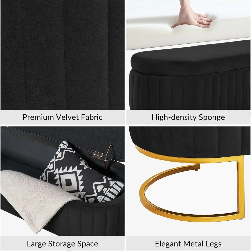 50.5" Storage Bench Velvet Bedroom Ottoman,Upholstered End of Bed Bench with Gold Legs,Flipping Lid Entryway Footrest