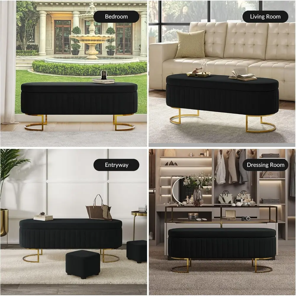 50.5" Storage Bench Velvet Bedroom Ottoman,Upholstered End of Bed Bench with Gold Legs,Flipping Lid Entryway Footrest