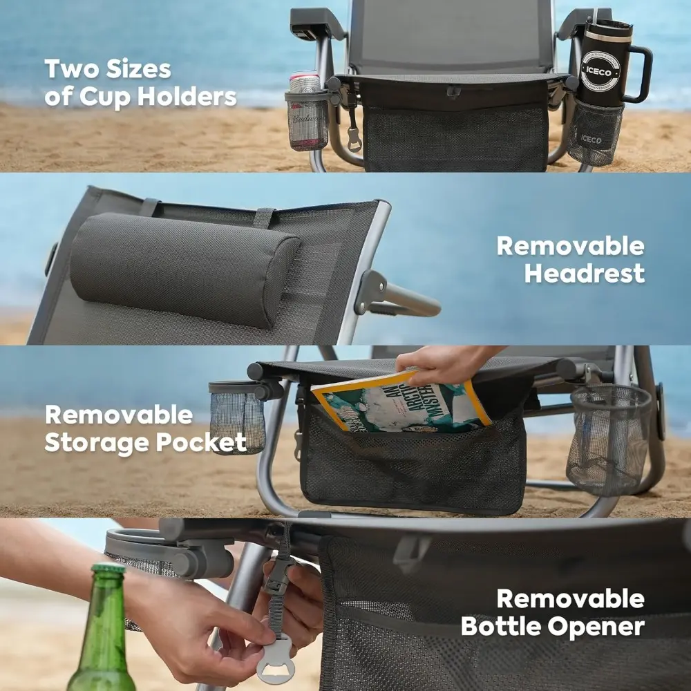 Bora High Back Beach Chairs for Adults, 5 Positions Reclining Beach Chair with Headrests, Folding Beach Chair with Cup Holder &