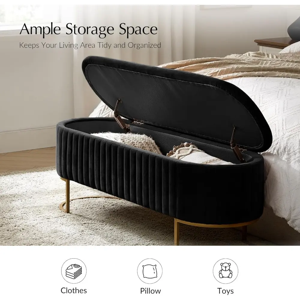 50.5" Storage Bench Velvet Bedroom Ottoman,Upholstered End of Bed Bench with Gold Legs,Flipping Lid Entryway Footrest