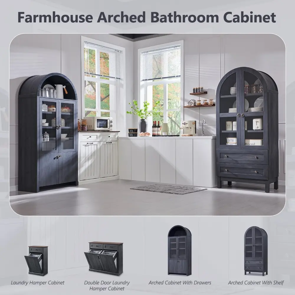 71" Tall Arched Bathroom Storage Cabinet, 4-Tier cabinet w/2 Large Drawers &Adjustable Shelves, Wooden Bathroom Floor cabinets w